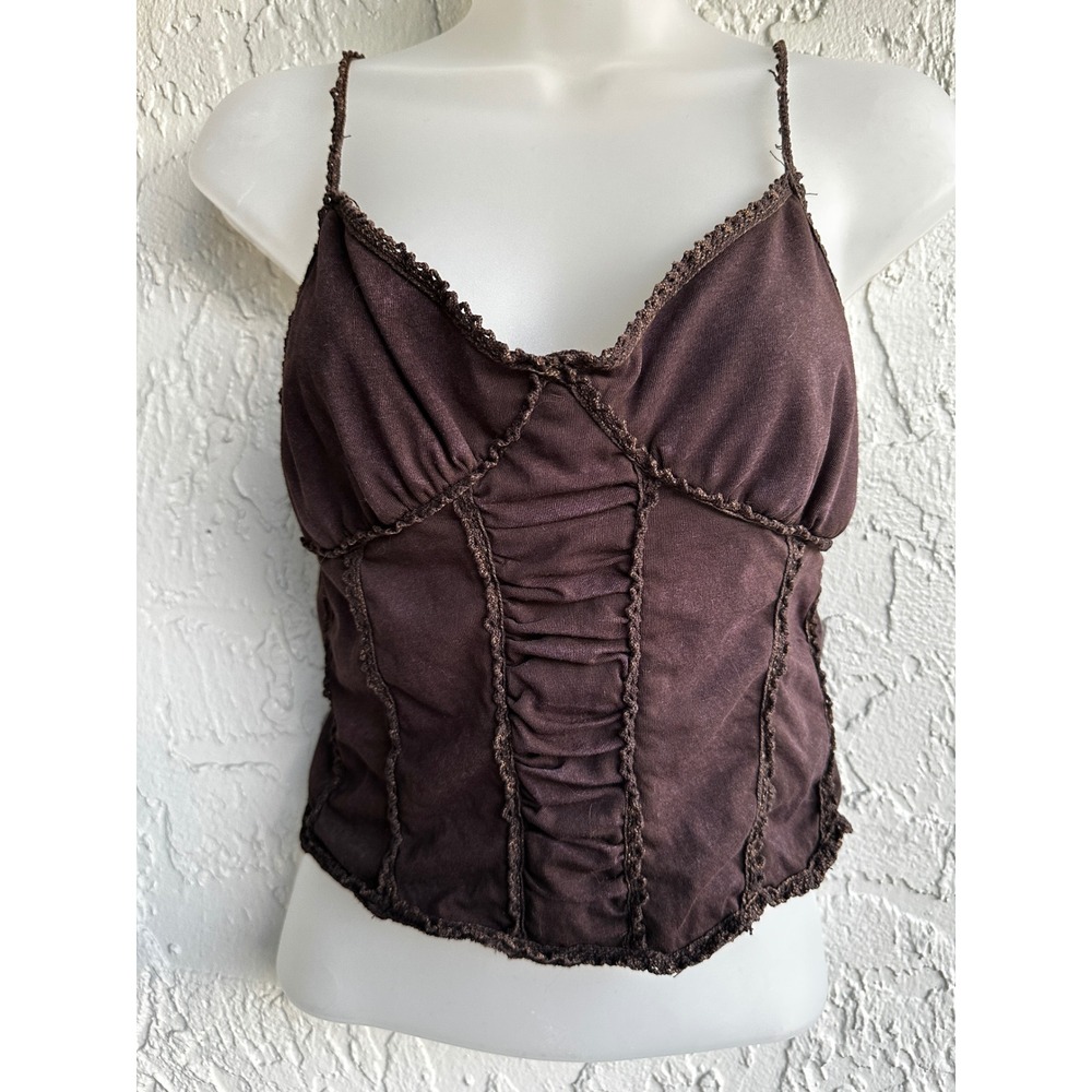 Full Tilt Y2K Brown Corset Cami Top Crochet Trim Smocked Back Medium